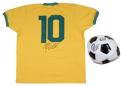 Lot of (2) Pele Autographed Replica 1970 Style Canary Yellow Brazil National Team Shirt and Soccer Ball (PSA/DNA)